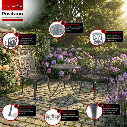 Centurion Supports POSITANO Luxurious Garden and Patio Table and 2 Large Chairs with Armrests Cast Aluminium Bistro Set - Grey