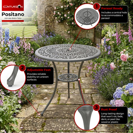 Centurion POSITANO 3-Piece Cast Aluminium Garden Bistro Table with Parasol Hole and 2 Armchairs, Victorian Style Outdoor Furniture for Patio, Balcony, Terrace or Conservatory in Grey