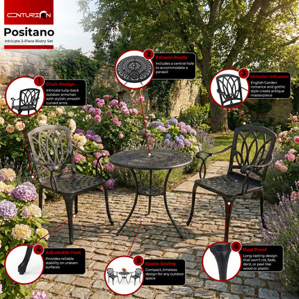 Centurion Supports POSITANO Garden and Patio Table and 2 Chairs Cast Aluminium Bistro Set - Black