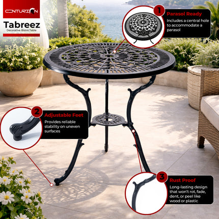 Centurion TABREEZ Garden Bistro Table Cast Aluminium Patio Table with Parasol Hole 4.7cm, Rustproof Weather Resistant Outdoor Furniture for Balcony Terrace Decking Lawn 69.5cm Round