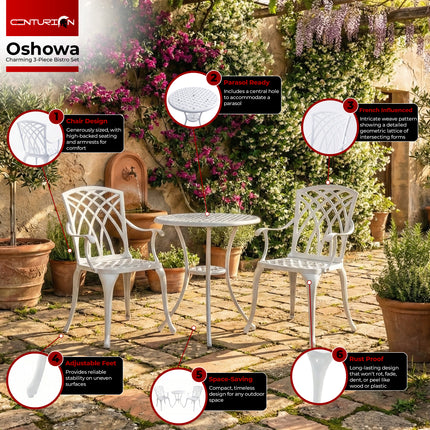 Homeology OSHOWA 3-Piece Cast Aluminium Bistro Set – Rust-Proof Round Table & 2 High-Backed Armchairs – Timeless French-Style Interlocking Lattice Basketweave Design – White Outdoor Patio Furniture