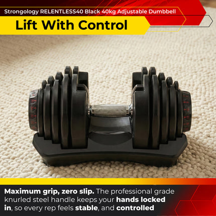 Strongology RELENTLESS40 Smart Adjustable Dumbbell Home Fitness Dumbbell from 5kg to 40kg Single Black Training Weights - Grade A
