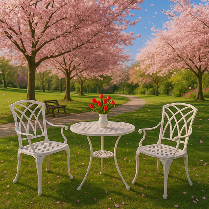 Centurion Supports OSHOWA Luxurious Garden and Patio Table and 2 Large Chairs with Armrests Cast Aluminium Bistro Set - White
