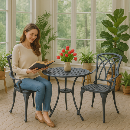 Centurion Supports OSHOWA Luxurious Garden and Patio Table and 2 Large Chairs with Armrests Cast Aluminium Bistro Set Grey