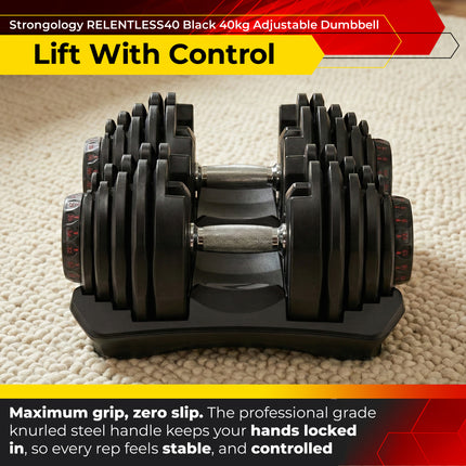 Strongology RELENTLESS40 Adjustable Smart Dumbbell Pair from 5kg to 40kg Home Fitness Training Weights in Black - Grade A