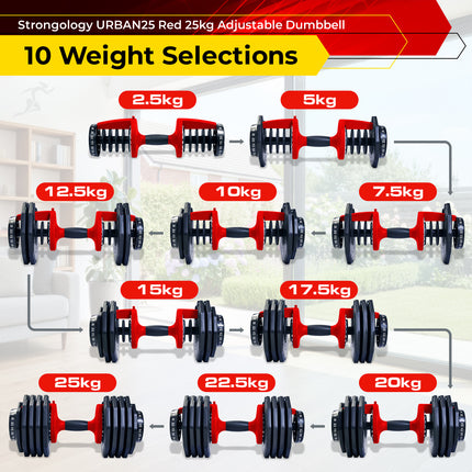 Strongology URBAN25 Red Adjustable Single Dumbbell | 2.5kg to 25kg Quick-Select Weight | 10-in-1 Space-Saving Design | Soft-Grip Handle | Secure Plate-Locking System | Home Gym Strength Training Workouts