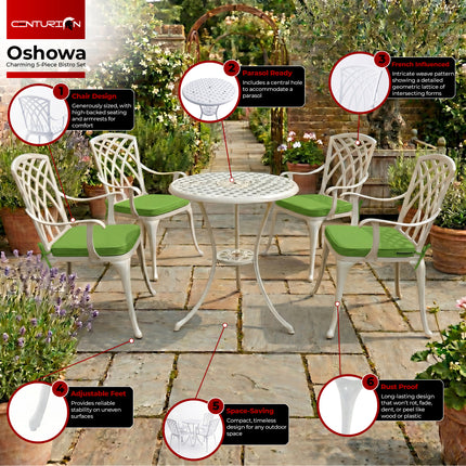 Centurion Supports OSHOWA Luxurious Garden and Patio Table and 4 Large Chairs with Armrests Cast Aluminium Bistro Set - White with Green Cushions