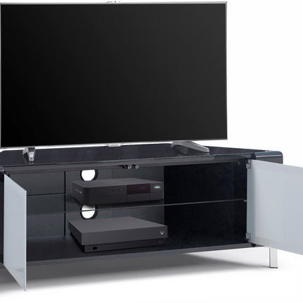 MDA Designs CORVUS Corner-Friendly Gloss Black Contemporary Cabinet with Black Profiles White BeamThru Glass Doors Suitable for Flat Screen TVs up to 50"