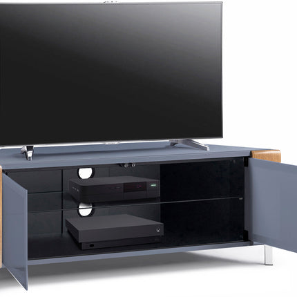 MDA Designs CORVUS Corner-Friendly Grey BeamThru Glass Doors with Oak Profiles Contemporary Cabinet for Flat Screen TVs up to 50"