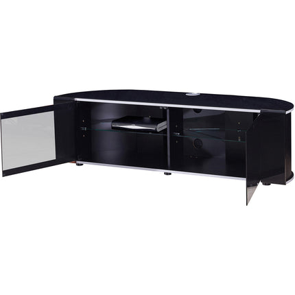 MDA Designs Sirius 1600 TV Cabinet Gloss Black Stand with BEAMTHRU Remote-Friendly Glass Door, Silver Trims, Cable Management and Storage for LED, LCD, OLED & Plasma TVs up to 70” TV Unit - Grade A