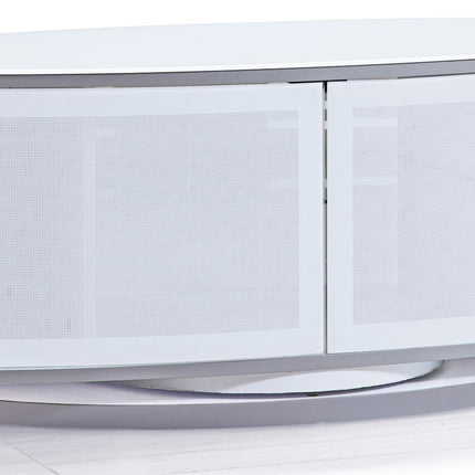 MDA Designs LUNA Gloss White Oval Cabinet with Black Profiles and White BeamThru Glass Doors Suitable for Flat Screen TVs up to 50"