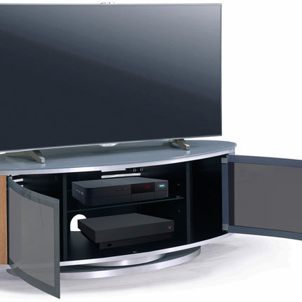MDA Designs LUNA Grey Oval Cabinet with Oak Profiles & Grey BeamThru Glass Doors Suitable for Flat Screen TVs up to 50"