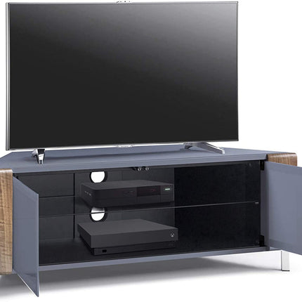 MDA Designs CORVUS Corner-Friendly Grey BeamThru Glass Doors with Walnut Profiles Contemporary Cabinet for Flat Screen TVs up to 50"