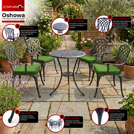 Centurion Supports OSHOWA Garden and Patio Table and 4 Large Chairs with Armrests Cast Aluminium Bistro Set - Green cushions