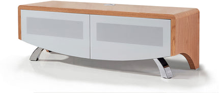 MDA Designs WAVE 1200 Oak with White Glass Hybrid BeamThru Remote-Friendly up to 60" Flat Screen Tv Cabinet - Grade A