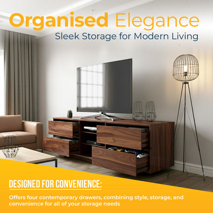 Homeology Avitus Premium Walnut with 4-Walnut Drawers and 3-Shelf 32"-65" LED/OLED/LCD TV Cabinet - Fully Assembled