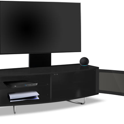 Centurion Supports Caru Gloss Black Beam-Thru Remote Friendly Super-Contemporary "D" Shape Design 32"-65" LED/OLED/LCD TV Cabinet with Mounting Arm