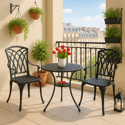 Centurion Supports OSHOWA Luxurious Garden and Patio Table and 2 Large Chairs with Armrests Cast Aluminium Bistro Set - Black