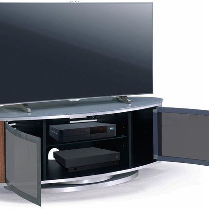 MDA Designs LUNA Grey Oval Cabinet with Walnut Profiles & Grey BeamThru Glass Doors Suitable for Flat Screen TVs up to 50"