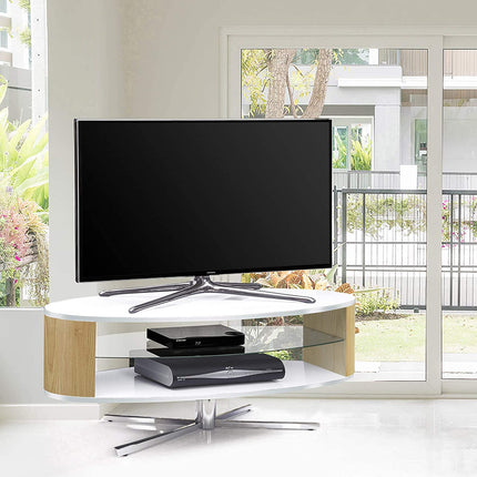 MDA Designs Orbit 1100WO Gloss White TV Stand with Oak Elliptic Sides for Flat Screen TVs up to 55" - Grade A