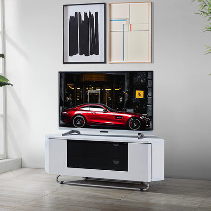 Centurion Supports Hampshire Corner-Friendly Gloss White with Black Contrast Beam-Thru Remote Friendly Door 26"-50" Flat Screen TV Cabinet