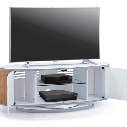 MDA Designs LUNA Gloss White Oval Cabinet with Oak Profiles White BeamThru Glass Doors Suitable for Flat Screen TVs up to 50"