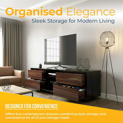 Homeology Avitus High Gloss Black with 4-Walnut Drawers & 3-Shelf 32"-65" LED/OLED/LCD TV Cabinet - Fully Assembled