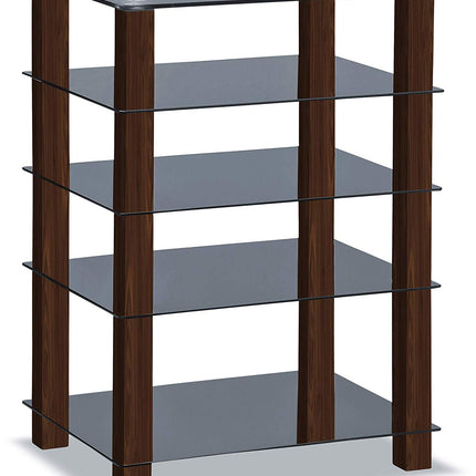 Centurion Supports TRINITY Gloss Black 5 Shelf with Walnut Legs Flat Screen TV Rack Glass Stand