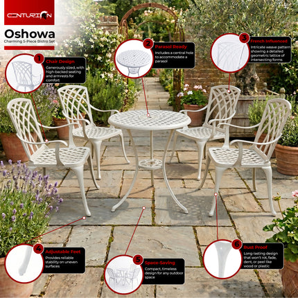 Centurion Supports OSHOWA Luxurious Garden and Patio Table and 4 Large Chairs with Armrests Cast Aluminium Bistro Set - White