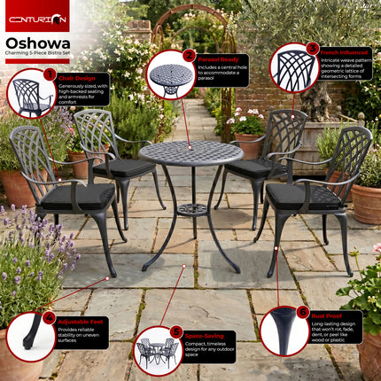 Centurion Supports OSHOWA Garden and Patio Table and 4 Large Chairs with Armrests Cast Aluminium Bistro Set - Black Cushions