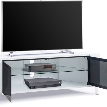 MDA Designs CORVUS Corner-Friendly Gloss White Contemporary Cabinet with White Profiles Black BeamThru Glass Doors Suitable for Flat Screen TVs up to 50"
