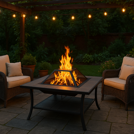 Centurion Supports SHANGO Multi-Functional Black with Ceramic Tiles Outdoor Garden Patio Square Heater Fire Pit Brazier and Outdoor Table - Grade A