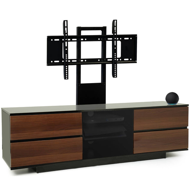 Centurion Supports AVITUS ULTRA Gloss Black Remote Friendly BeamThru Door with 4-Walnut Drawers up to 65" Flat Screen TV Cabinet with Mounting Arm