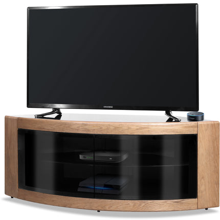 Centurion Supports PANGEA Black Oak Beam-Thru Glass Doors Curved Unit Tru-Corner 32"-50" TV Cabinet - Grade A