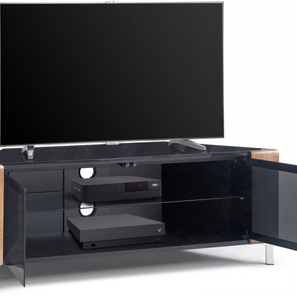 MDA Designs CORVUS Corner-Friendly Gloss Black Contemporary Cabinet with Oak Profiles Black BeamThru Glass Doors Suitable for Flat Screen TVs up to 50"