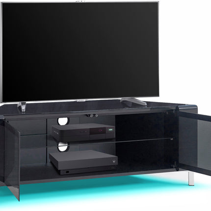 MDA Designs CORVUS Corner-Friendly Gloss Black Cabinet with Black BeamThru Glass Doors Suitable for Flat Screen TVs up to 50" with 16 Colour LED Lights