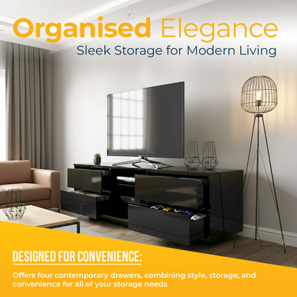 Homeology Avitus High Gloss Black with 4-Black Drawers & 3-Shelf 32"-65" LED/OLED/LCD TV Cabinet - Fully Assembled