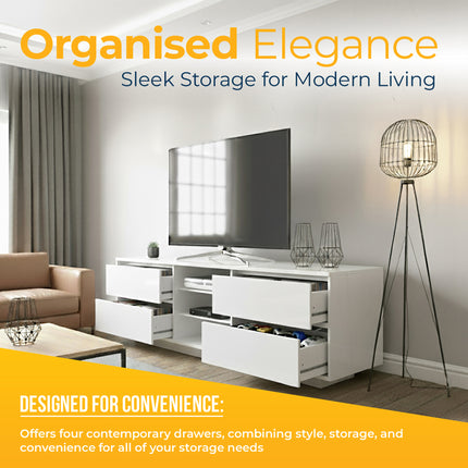 Homeology Avitus Premium High Gloss White with 4-White Drawers and 3-Shelf 32"-65" LED/OLED/LCD TV Cabinet - Fully Assembled