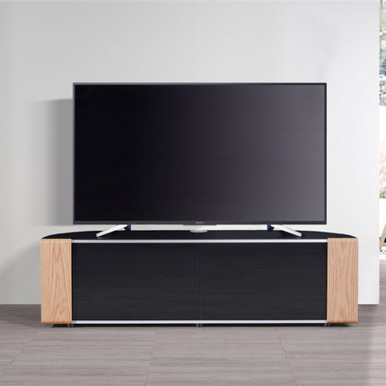 MDA Designs Sirius 1600 TV Cabinet Gloss Black Stand with BEAMTHRU Remote-Friendly Glass Door, Walnut/Oak Trims and Cable Management for TVs up to 70” TV Unit