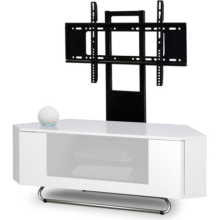 Centurion Supports Hampshire Corner-Friendly Gloss White with White Beam-Thru Remote Friendly Door 26"-50" Flat Screen TV Cabinet with Mounting Arm