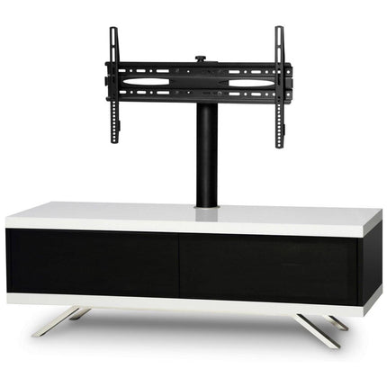 MDA Designs TUCANA 1200 Hybrid Black White TV Stand BeamThru Remote-Friendly Doors up to 60" Flat Screen TV Cabinet with Mounting Arm