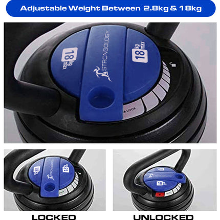 Strongology Hercules18 7-in-1 Adjustable Smart Kettlebell up to 18kg Black with Blue Dial Home Fitness Gym Equipment - Grade A