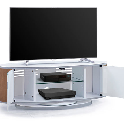 MDA Designs LUNA Gloss White Oval Cabinet with Walnut Profiles White BeamThru Glass Doors Suitable for Flat Screen TVs up to 50"