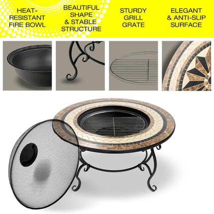 Centurion Supports TOPANGA High-End Round Multi-Functional Garden and Patio Heater, Fire Pit, Coffee Table, BBQ and Ice Bucket with Ceramic Tiles and Cover