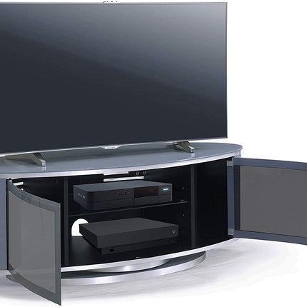MDA Designs LUNA Grey Oval Cabinet with Grey Profiles & Grey BeamThru Glass Doors Suitable for Flat Screen TVs up to 50"