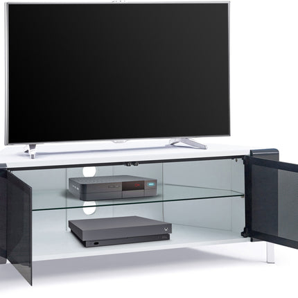 MDA Designs CORVUS Corner-Friendly Gloss White Contemporary Cabinet with Black Profiles Black BeamThru Glass Doors Suitable for Flat Screen TVs up to 50"