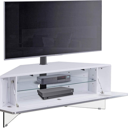 MDA Designs Antares HYBRID White Corner-Friendly with Clear Acrylic Legs Hover Effect & Remote-Friendly Glass Door TV Cabinet with Mounting Bracket - Grade A