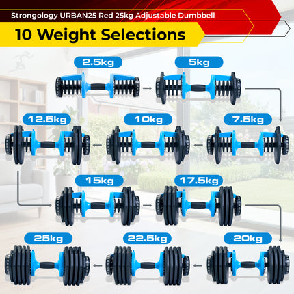 Strongology URBAN25 Blue Adjustable Single Dumbbell | 2.5kg to 25kg Quick-Select Weight | 10-in-1 Space-Saving Design | Soft-Grip Handle | Secure Plate-Locking System | Home Gym Strength Training Workouts