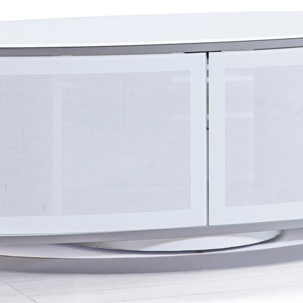 MDA Designs LUNA Gloss White Oval Cabinet with Black Profiles and White BeamThru Glass Doors Suitable for Flat Screen TVs up to 50"
