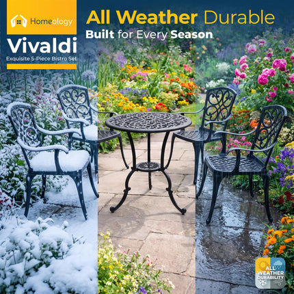 Homeology VIVALDI Black 5-Piece Cast Aluminium Garden Bistro Set- Rust-Proof Round Table with Parasol Hole & 4 Large Armchairs- Baroque Design for Patio, Balcony & Conservatory